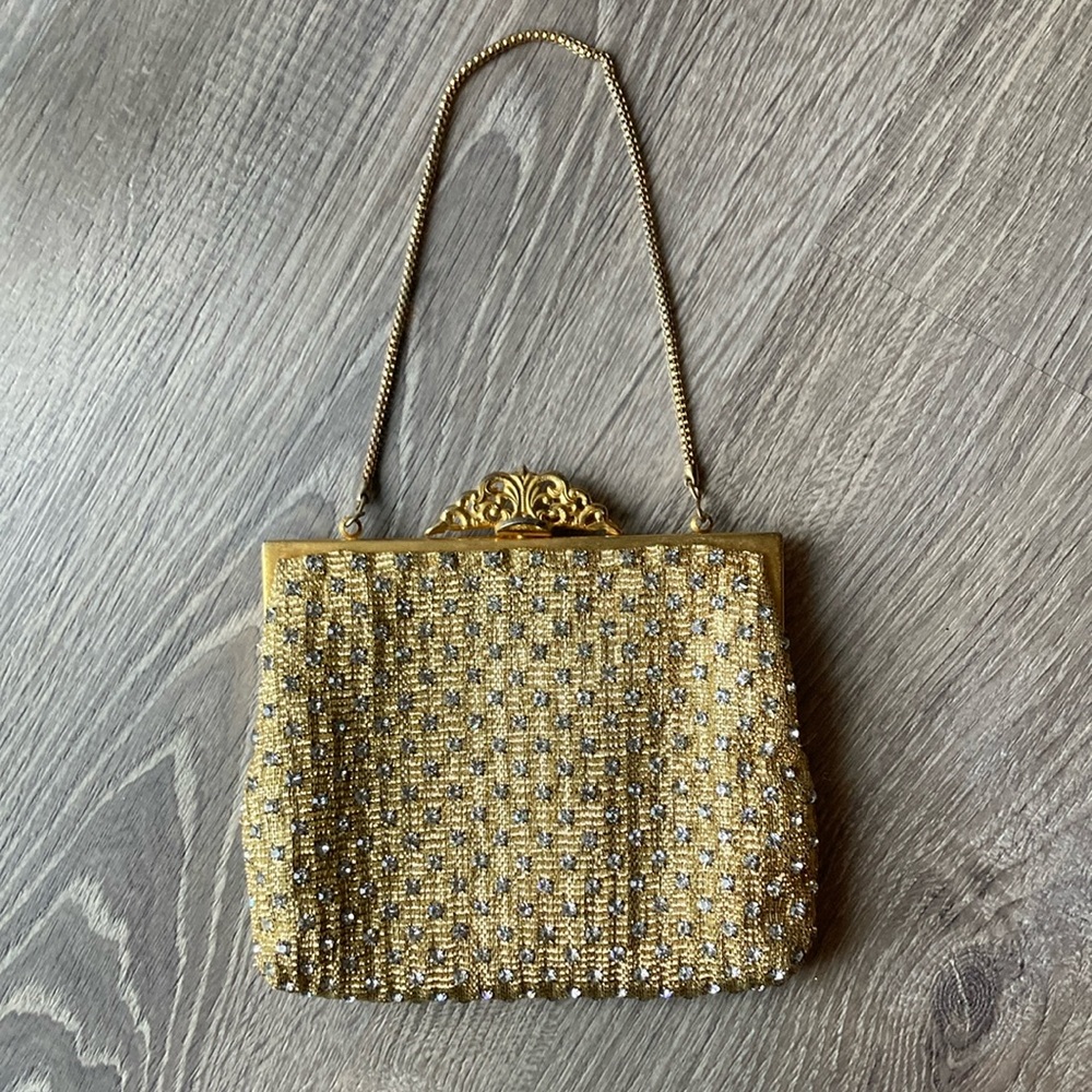 Vintage Gold Rhinestone Evening Bag Goldtone Fabric Chain Strap